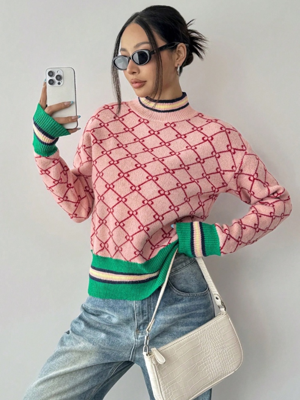 Pink Geometric Pattern Knit Pullover Sweater Stripe Details Long Sleeve - Picture 2 of 7